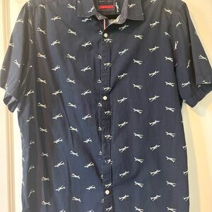 Denim & Flower Navy Short-Sleeve Button-Down with White Shark Print